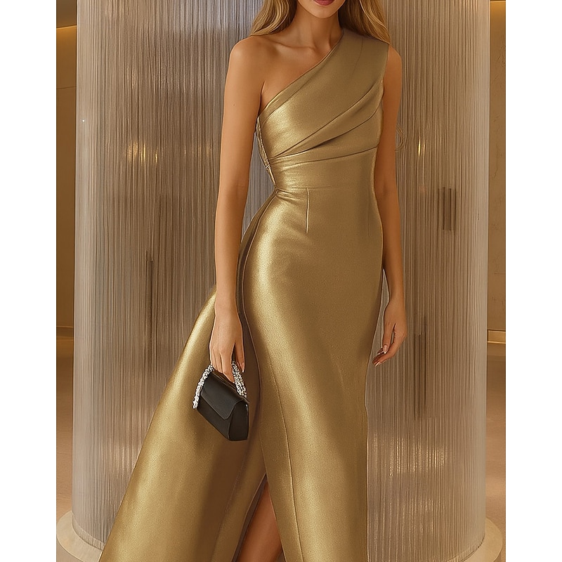 Black Tie Gold Mermaid / Trumpet Evening Gown Elegant Dress Formal Wedding Floor Length Sleeveless One Shoulder Stretch Satin with Pleats Ruched Overskirt2
