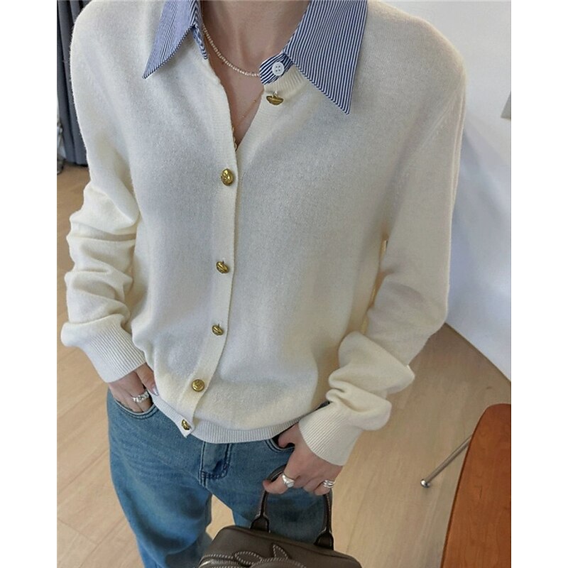 Women's Sweater Cardigan Fashion Streetwear Daily Solid Color Ribbed Shirt Collar Knitted Long Sleeve Regular Tops Knit Holiday Going out Weekend Black Beige Fall Winter4
