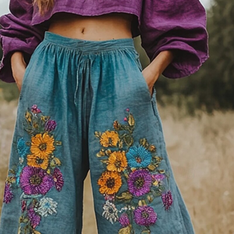 Women's Wide Leg Pants Trousers Palazzo Pants Vintage Boho Full Length High Waist Flower Elastic Waist Printing Breathability Comfortable Street Daily Wear Going out Blue Spring Fall Regular Fit2