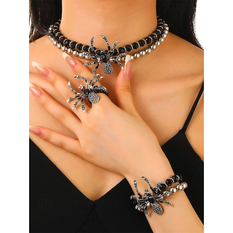 Women's Halloween Spider Jewelry Set – Gothic Beaded Choker, Adjustable Bracelet and Statement Ring, Alloy Rhinestone Design for Costume Party, Cosplay and Spooky Night Out2