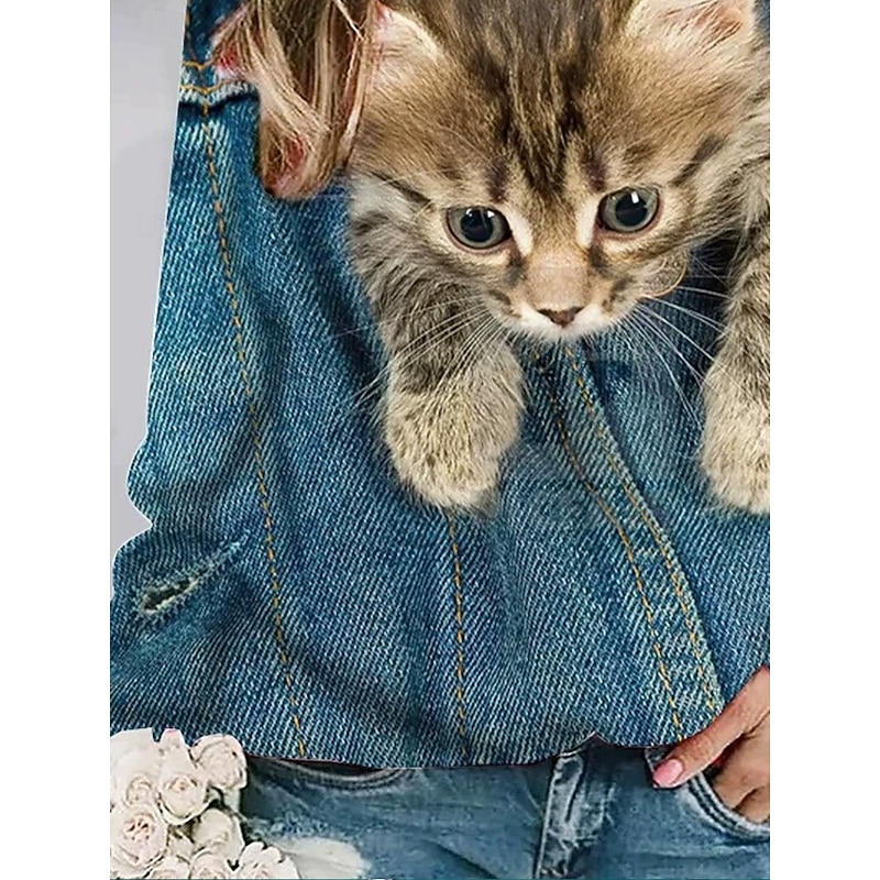 Women's Pullover Sweatshirt Hoodies Graphic Animal Cat Fashion Casual Long Sleeve Crew Neck Round Neck Regular Tops Street Dailywear Print Denim Blue Spring Fall Winter3