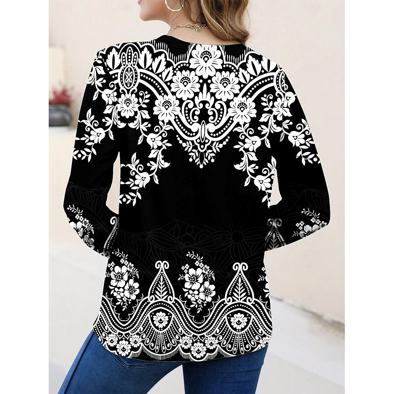 Women's T shirt Long Sleeve V Neck Long Sleeve Tunic Graphic Plants Vintage Elegant Bohemia Vintage Regular Tops Daily Going out Weekend Print Black White Pink Dusty Rose Red Spring Fall Prefall2