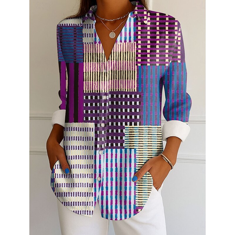 Women's Shirt Button Down Tunic Shirt Collar Long Sleeve Graphic Geometric Striped Vintage Tropical Daily Regular Tops Work Daily s Print Pink Blue Purple Green Spring3