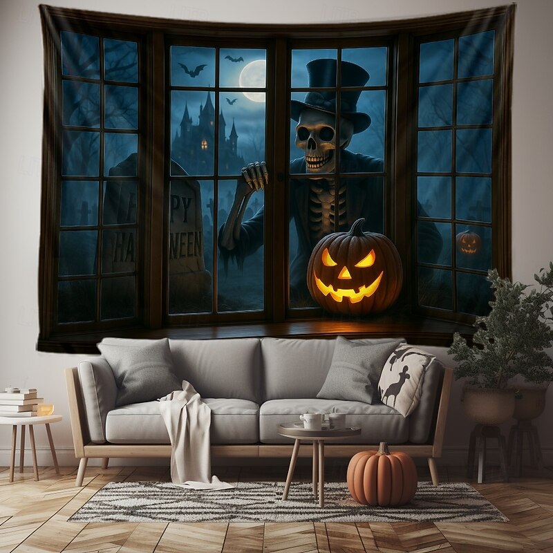 Halloween Window Scene Wall Tapestry Backdrop – Creepy Skeleton in Top Hat Outside Gothic Mansion Window with Full Moon, Pumpkins, and Bats, Spooky Indoor Party 2025 Halloween Decoration2