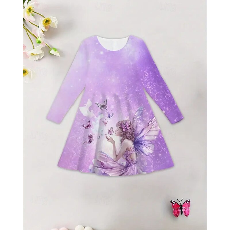 Girls' 3D Cartoon Butterfly Dress Long Sleeve Summer Spring Vacation Daily Holiday Princess Beautiful Sweet Kids 4-12 Years Casual Dress A Line Dress Knee-length Regular Fit3