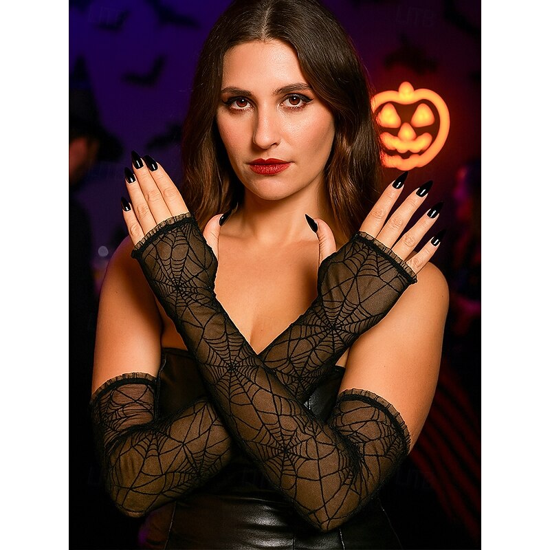 Women's Halloween Spider Web Mesh Gloves – Stretchy Black Gothic Arm Warmers, Fingerless Design, Cosplay Party Costume Accessories