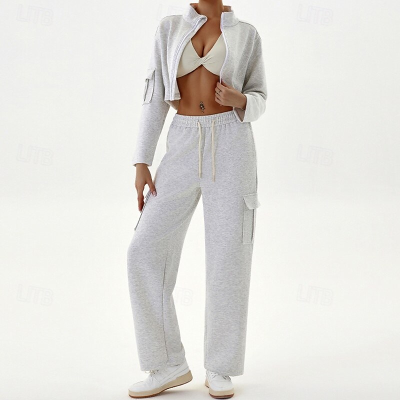 Women's Lounge Sweatsuit Sport Cargo Suit Fall Pocket Full Zip Solid Color Clothing Suit Black Grey Outdoor Running Yoga High Waist Windproof Lightweight Warm Long Sleeve Sport Activewear Loose Fit2