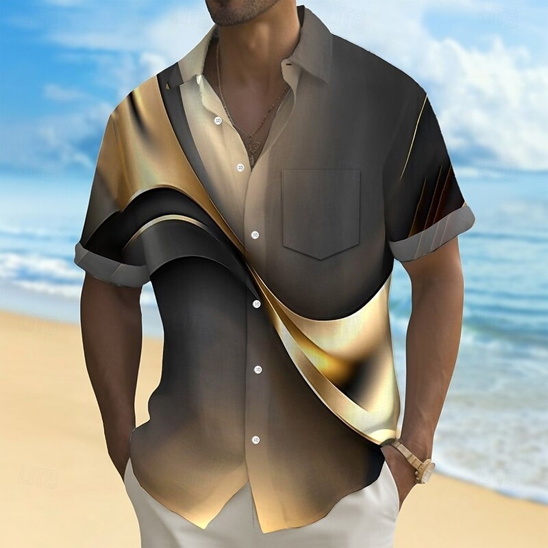 Men's Gradient Waves Marble Shirt Summer Shirt Button Up Shirt Short Sleeve Fashion Casual Outdoor Vacation Dailywear Summer Spring Turndown 3D Print Collared Shirts Front One Pocket Black Brown