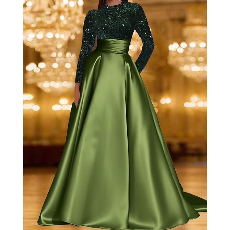 Black and White A-Line Evening Dresses Elegant Gown Formal Wedding Floor Length Long Sleeve Crew Neck Pocket Satin with Sequin Pocket3