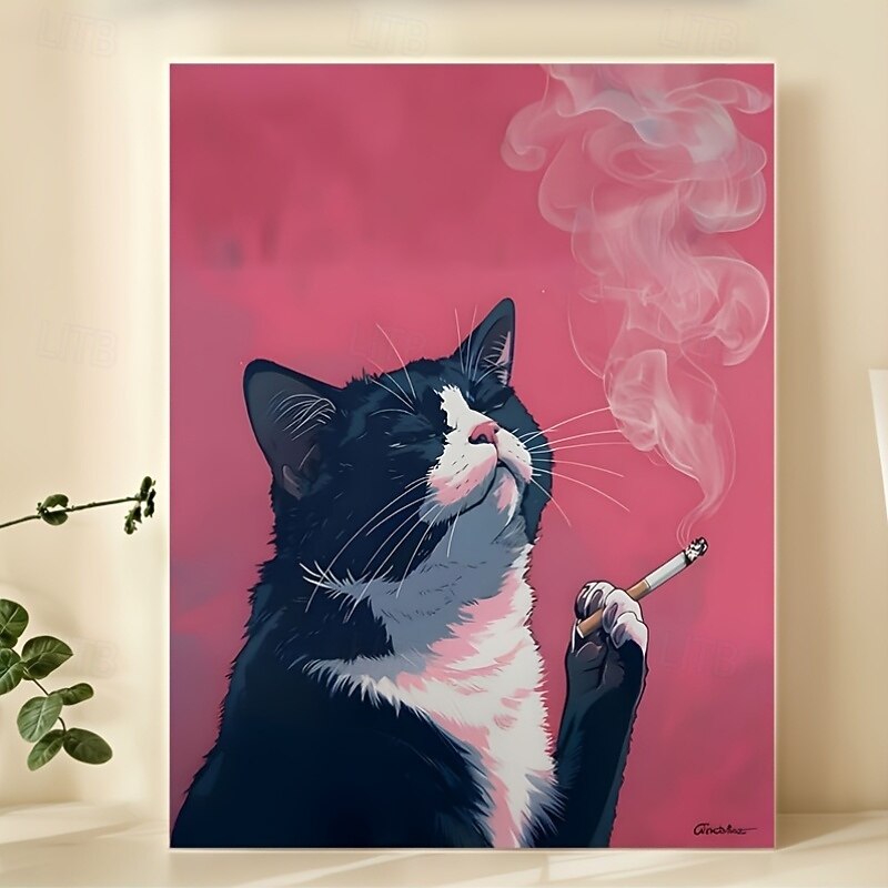 Room Decor 1pc Smoking Cat Canvas Print Poster Black Cat Theme Wall Art Decor Unique Creative Wall Art for Living Room Bedroom Office Restaurant Waterproof Frameless3
