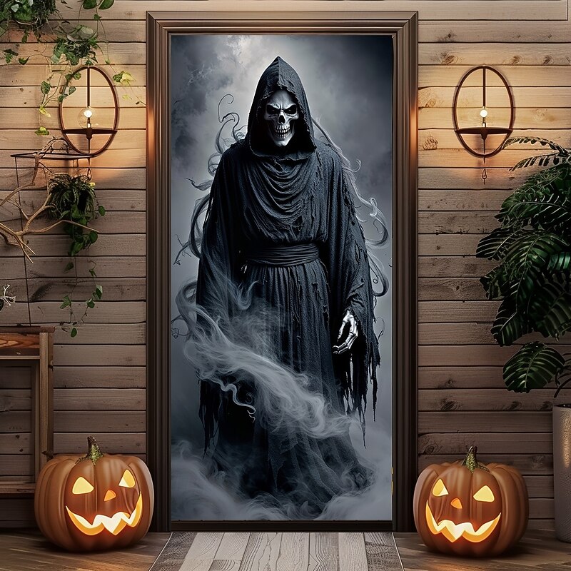Halloween Door Covers Death God Door Tapestry Door Curtain Decoration Backdrop Door Banner for Front Door Farmhouse Holiday Party Indoor Outdoor Decor Supplies2