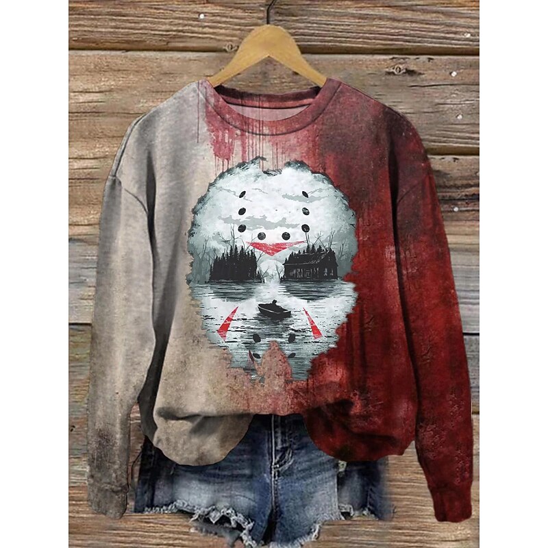 Halloween Women's Pullover Sweatshirt Skulls Graphic Fashion Casual Long Sleeve Crew Neck Round Neck Regular Tops Street Dailywear Casual Print Red Fuchsia Fall Winter