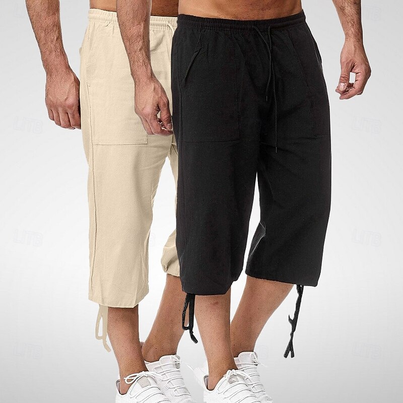 Men's Capri Pants Shorts Linen Shorts Summer Shorts Beach Shorts Pocket Elastic Waist Drawstring Plain Soft Breathable Calf-Length Outdoor Sports Outdoor Casual Vacation Classic Style Khaki+Black3