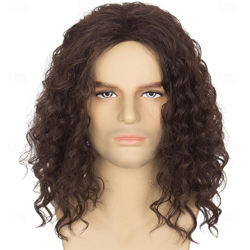 Mens Brown Curly Wig for Costume Party Middle Part Retro 80s Brown Cosplay Wigs for Adults