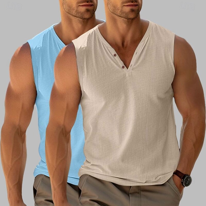 Men's Henley Shirt Tee Top Sleeveless Short Sleeves V Neck Summer Plain Fashion Designer Basic 2 Piece Multi-pack Vacation Street Casual Black+Black White+Khaki Black+ Khaki Top Tee for Men3