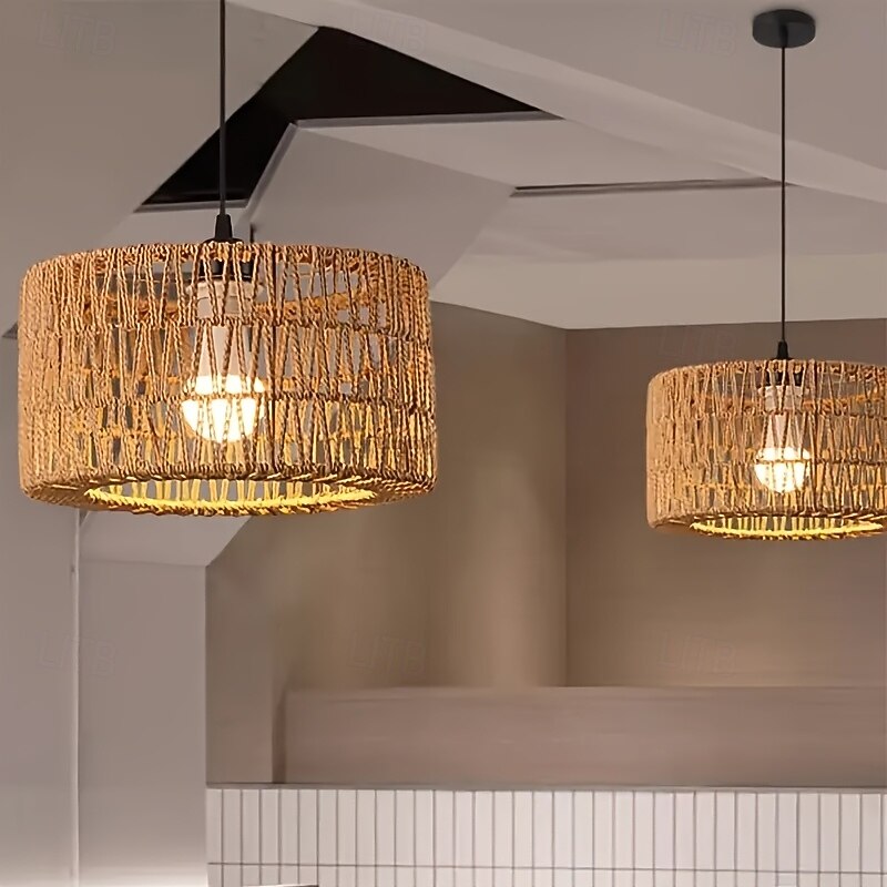 Country Vintage Pendant Light, Metal Braided Rattan Ropel, 17cm Height, Warm White/White Light, E26 E27, Adjustable Chain, for Kitchen Island Dining Room Bedroom Restaurant