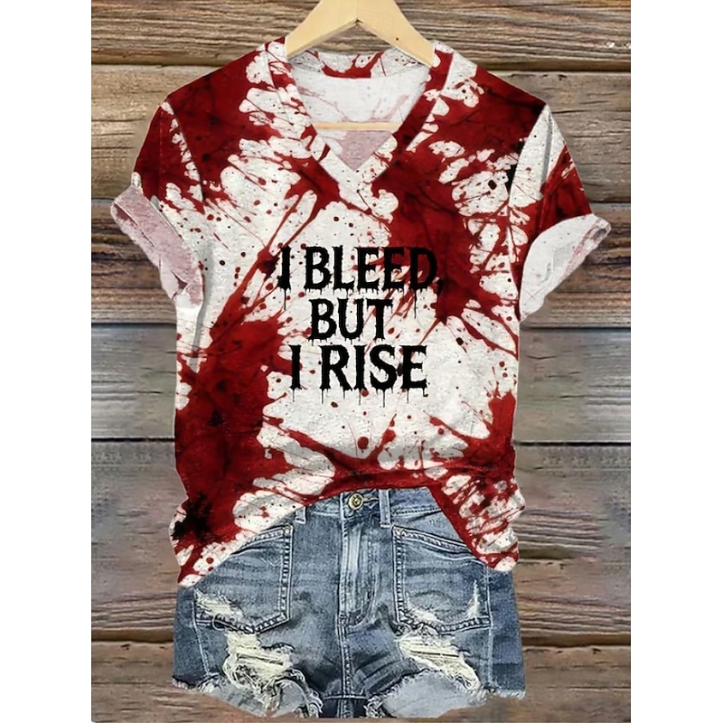Halloween Bloody Problem Solved Women's T Shirt Bloodstain Graphic Letter Halloween Vintage Stylish Classic Short Sleeve V Neck Regular Tops Daily Print Gray/Red White Wine Red Red White Spring3