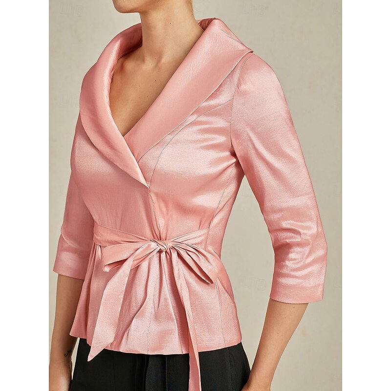 Women's Blouse Evening Tops Elegant Metallic Stylish 3/4 Length Sleeve V Neck Regular Tops Wedding Guest Evening Party Semi Formal Tie Front Sunlit Rose Spring, Fall, Winter, Summer4