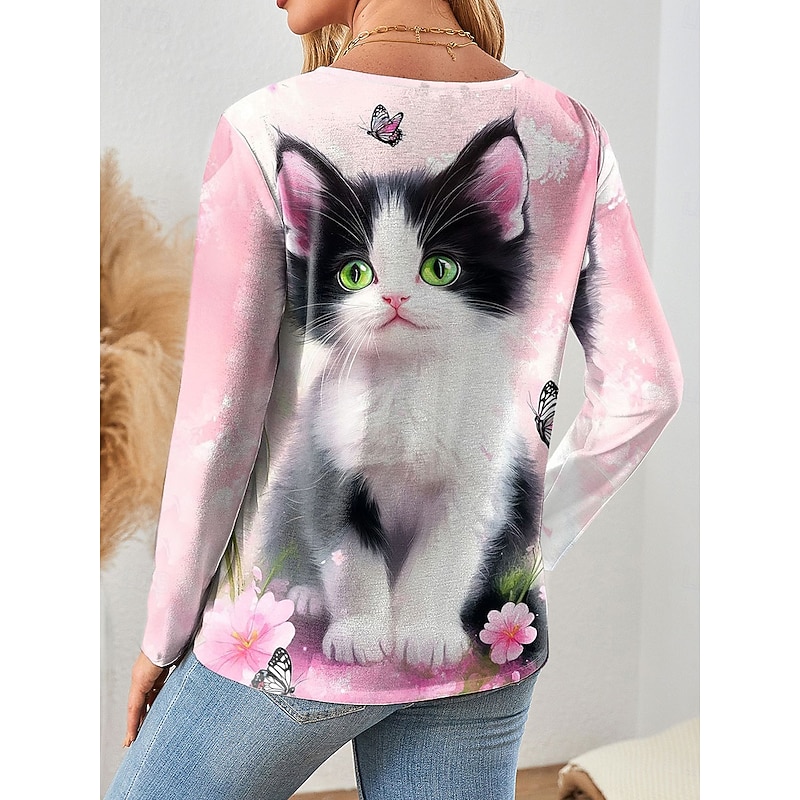 Women's T shirt Crew Neck Long Sleeve Tunic Floral Graphic Cat Vintage Stylish Classic  Regular Tops Daily Weekend Print Pink Blue Purple Green Spring Fall2