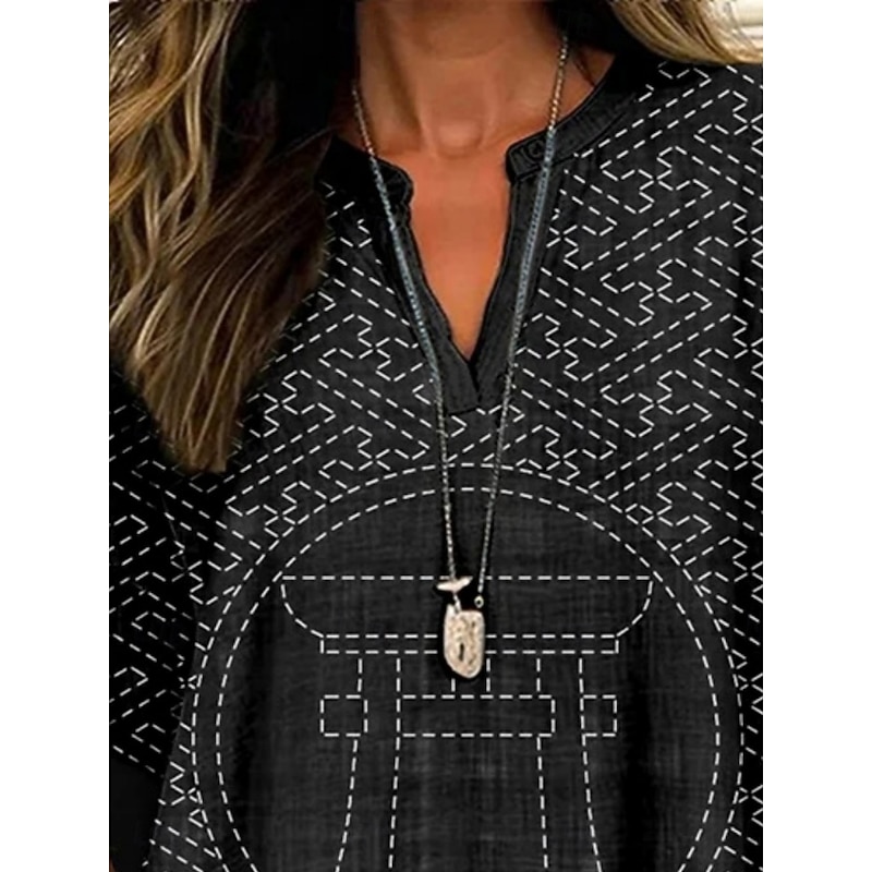 Women's Shirt Geometric Daily Casual Long Sleeve V Neck Regular Tops Daily Holiday Buttons Print Black Navy Blue Spring Fall2