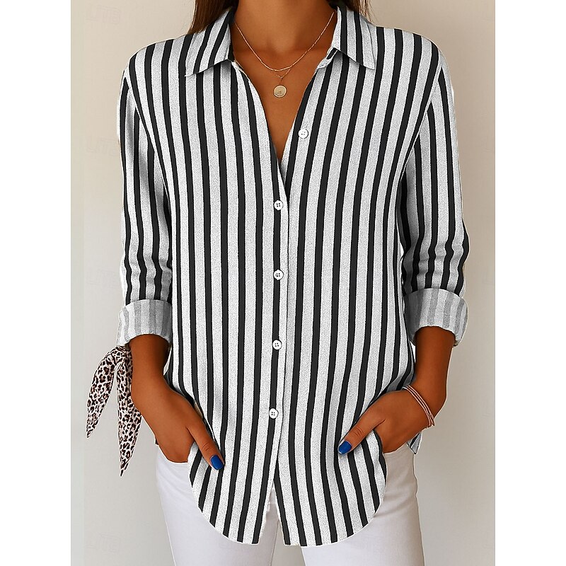 Women's Shirt Button Down Tunic Shirt Collar Long Sleeve Graphic Striped Vintage Tropical Daily V Neck Regular Tops Work Daily s Print White Pink Blue Purple Green Spring