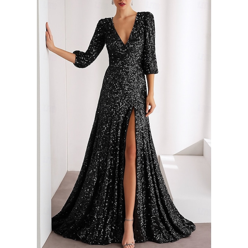Gold Black Tie Sequined A-Line Evening Gown Elegant Dress Formal Wedding Floor Length 3/4 Length Sleeve V Neck with Glitter Pleats3