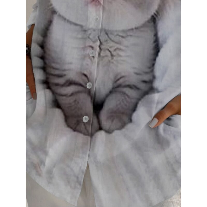 Women's Shirt Cat Active Daily Stylish Long Sleeve Shirt Collar Regular Tops Daily Holiday Buttons Print Gray Spring Fall3