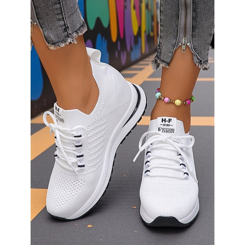Women's Hidden Heel Flyknit Sneakers, Sporty Style with Bold Stripes, Perfect for Everyday Wear, Walking and Casual Outings