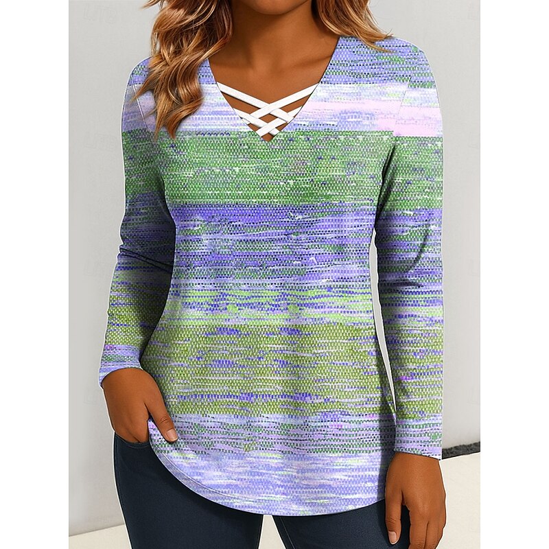 Women's T Shirt Graphic Geometric Vintage Stylish Classic Long Sleeve V Neck Regular Tops Daily Cut Out Print Pink Blue Purple Green Spring Fall3