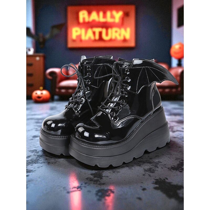 Women's Black Patent Leather Platform Ankle Boots - Bat Wing Lace-Up Gothic Punk Shoes, Chunky Heel Cosplay Boots for Halloween, Parties, and Alternative Fashion Outfits4