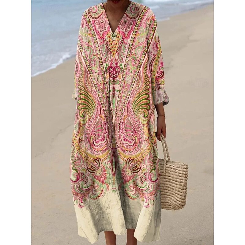 Women's Midi Dress V Neck Long Sleeve Kaftan Lightweight Loose Fit A Line Dress Casual Going out Loose Fit Floral Graphic Paisley Long Sleeve V Neck Navy Pink Red Blue Fall3