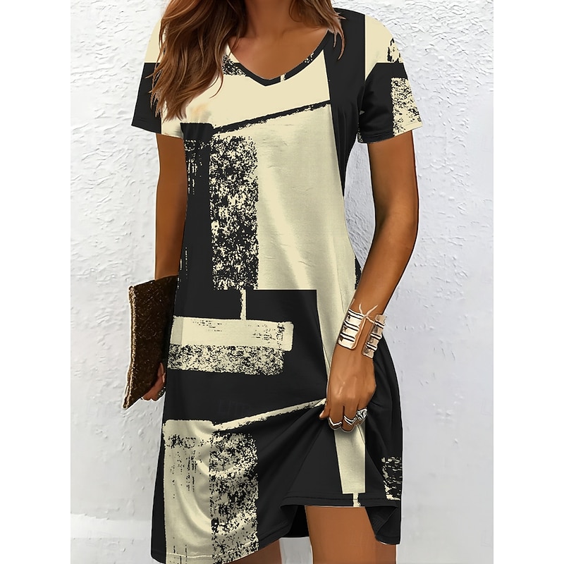 Women's Mini Dress Knit Dress Casual Dress T Shirt Dress Tee Dress Sundress Vacation Casual Regular Fit Graphic Geometric Abstract Short Sleeve V Neck Black And White Champagne Red Blue Summer Spring