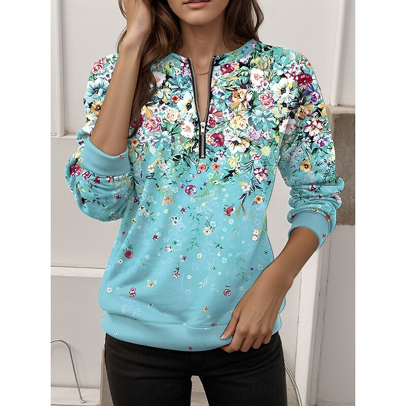 Women's Pullover Sweatshirt Zip Up Sweatshirts Floral Graphic Fashion Casual Long Sleeve Crew Neck Regular Tops Street Dailywear Zipper Print Yellow Pink Blue Orange Green Fall Winter3