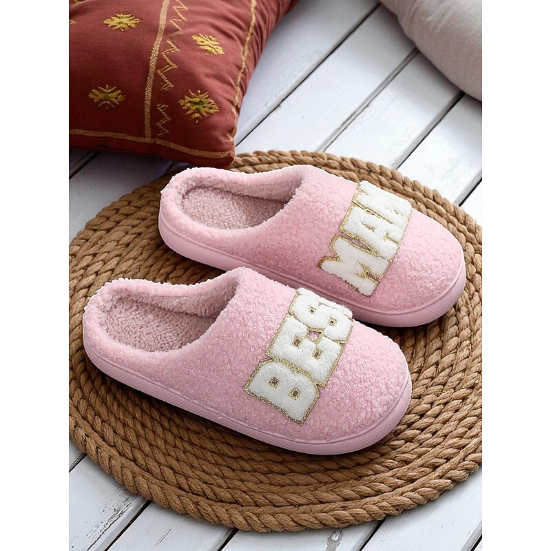 Women's Pink "Best Mama" Fleece Slippers – Soft Cozy Indoor House Shoes for Moms, Gifts and Everyday Comfort3
