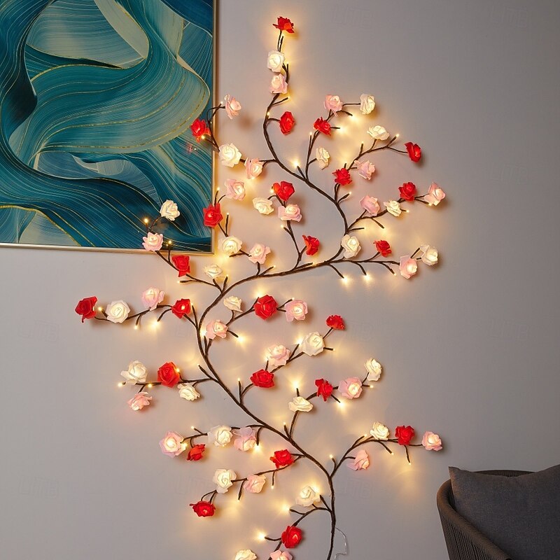 LED Branch Light Rose Rattan Light 2.3m 144LEDs Remote Control USB Powered Bendable Atmosphere Light Rose Valentine's Day Wedding Bedroom Living Room Wall Christmas Party Home Decoration