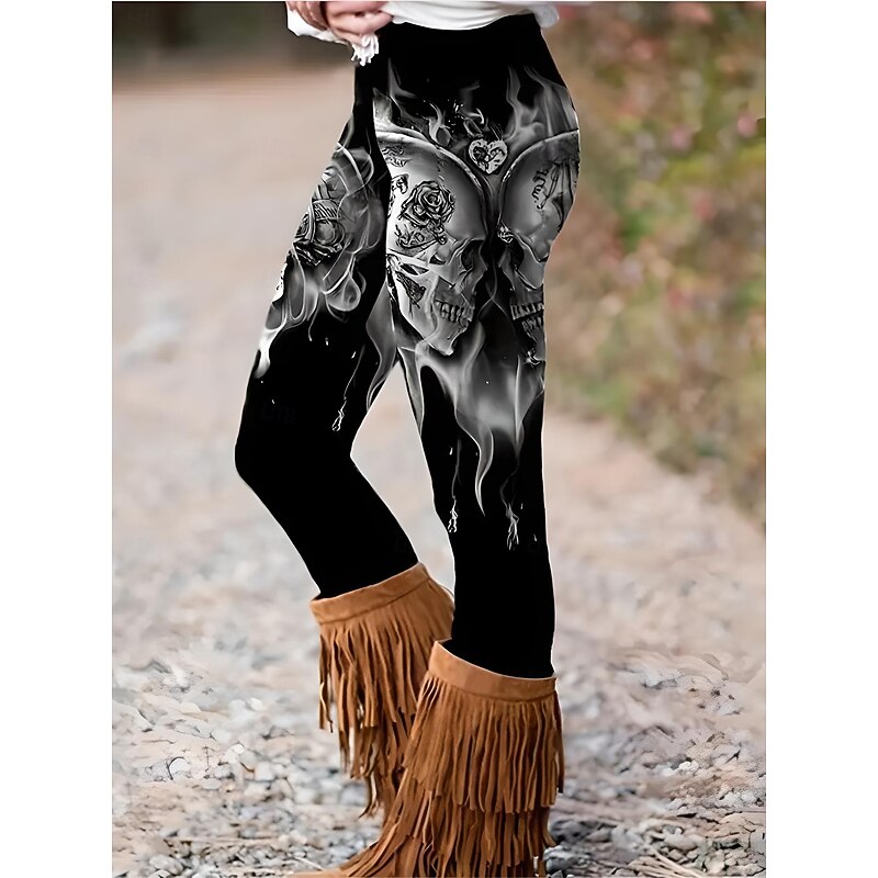 Women's Leggings Punk Vintage Fashion Ankle-Length High WaistPantsHalloween Graphic Skull Halloween Printing Thermal Warm Soft Breathable Stretchy Vacation Casual Daily Black White Sky Blue Green2