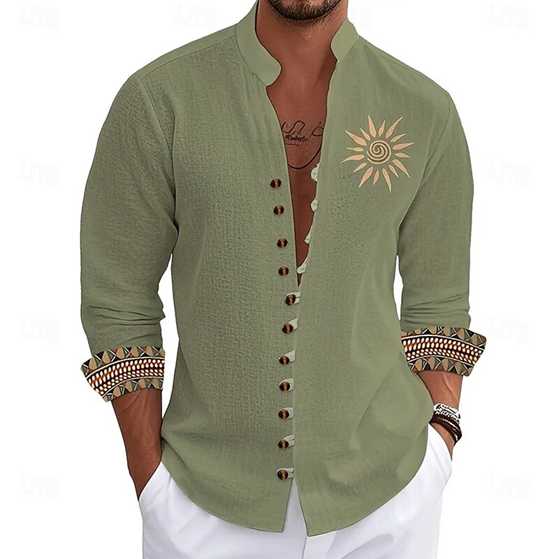 Men's Sun Ethnic Indian Culture Shirt Stand Collar Shirt Long Sleeve Vintage Retro Vacation Daily Wear Going out Spring Fall Mandarin Collar Band Collar Button-Down Linen Like Shirt Green