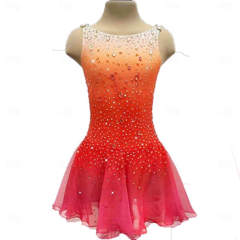 Figure Skating Dress Women's Girls' Ice Skating Dress Orange Thumbhole Halo Dyeing High Elasticity Professional Competition Skating Wear Thermal Warm Crystal / Rhinestone Sleeveless Ice Skating2