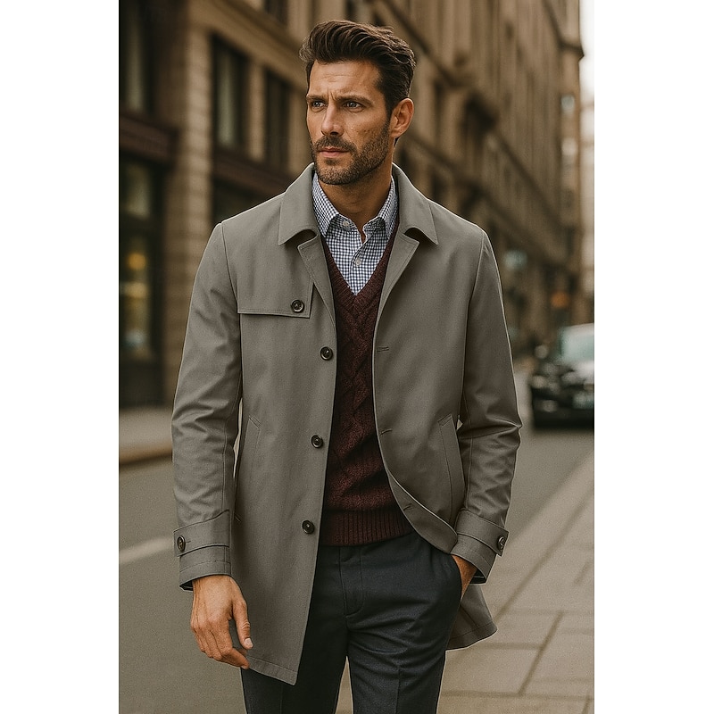 Men Trench Coat Formal Office Spring Fall Cross-Seasons Polyester Outerwear Clothing Apparel Elegant Daily Solid Color Fold-over Collar Single Breasted