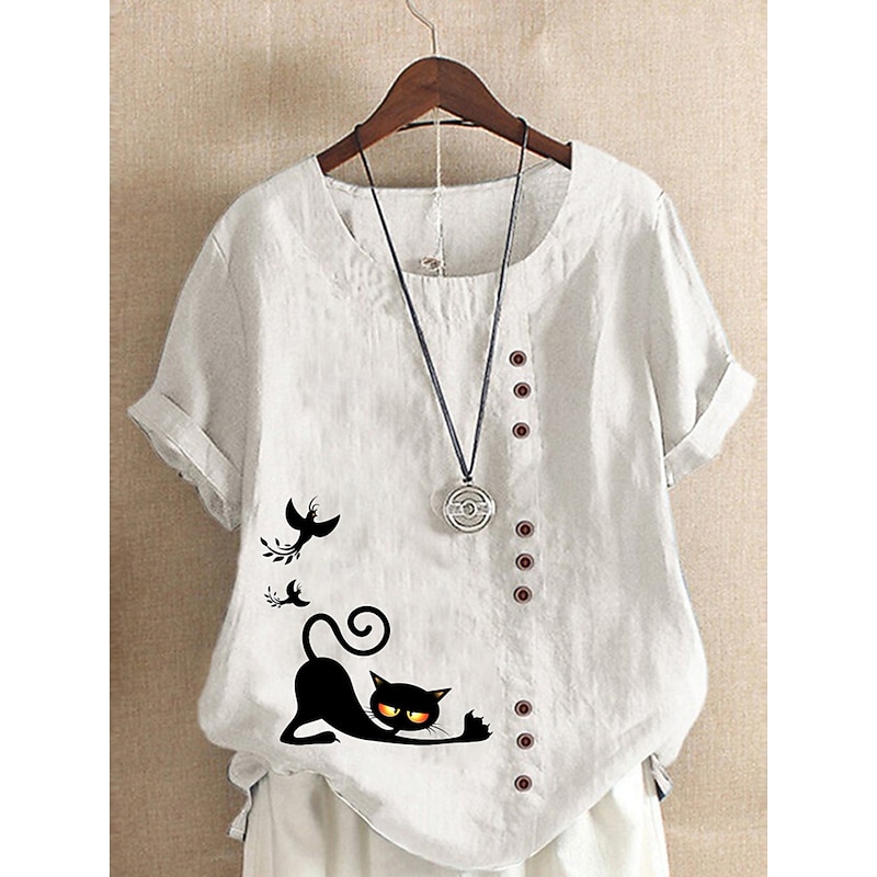Women's Cotton Linen Shirts Animal Cat Elegant Vintage Tropical Short Sleeve Crew Neck Regular Tops Daily Holiday Vacation Wear Buttons Grass Green White Yellow Army Green Navy Blue Summer Spring4