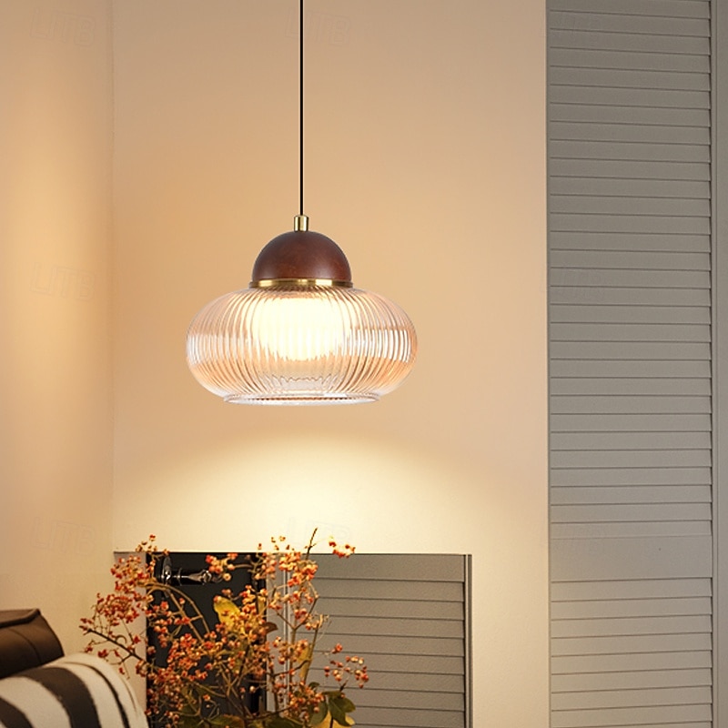 Vintage Classic Pendant Light, Wood Glass Metal Material, 15cm Height, Warm White/White/Neutral Light, LED Integrated, Adjustable Chain