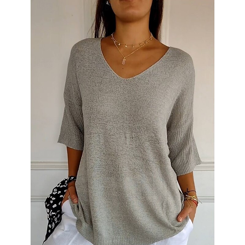 Women's Sweater Basic Casual Soft Solid Color Ribbed V Neck Knitted Long Sleeve Regular Tops Knit Outdoor Daily Weekend Blue Orange Spring Fall2