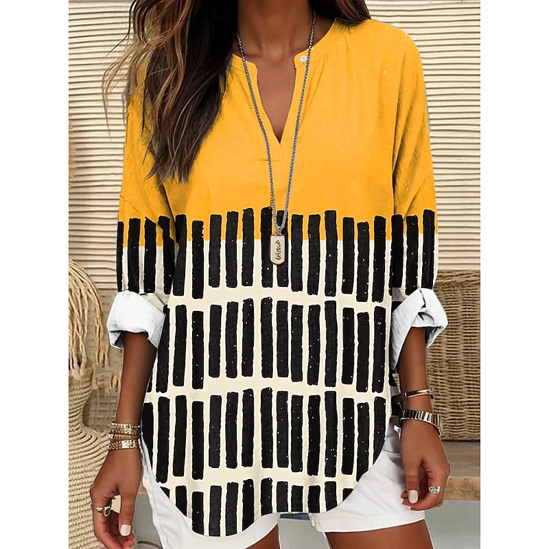 Women's Blouse Tunic V Neck Long Sleeve Boho Casual Summer Tops Graphic Geometric Bohemia Active Vintage Regular Tops Work Daily Print Yellow Red Blue Khaki Gray2