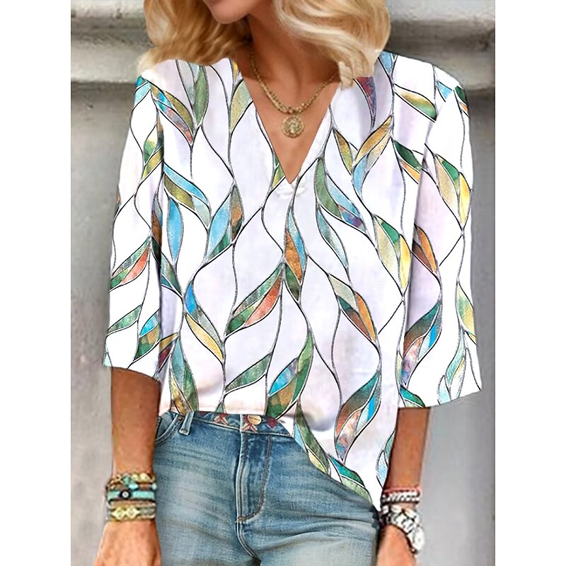 Women's Blouse Button Down Graphic Plants Elegant Stylish Casual 3/4 Length Sleeve V Neck Regular Tops Daily Going out Print Light Green Purple Rose Pink Summer Spring Fall