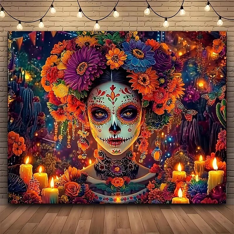 Day of the Dead Sugar Skull Wall Tapestry Backdrop, Mexican Dia de los Muertos Colorful Decoration for 2025 Halloween Living Room, Bedroom