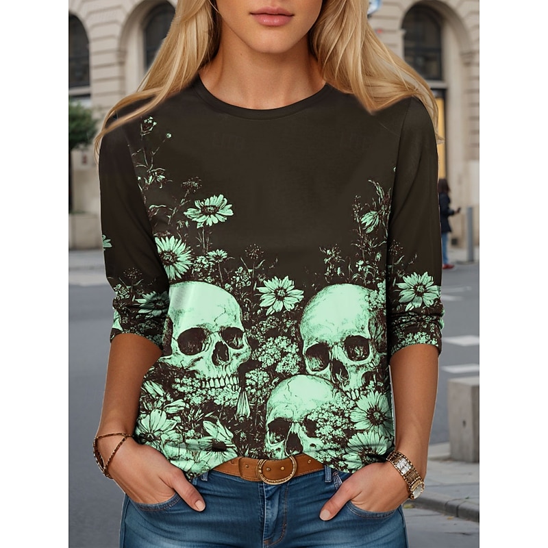 Halloween Women's T Shirt Skulls Crew Neck Long Sleeve Tunic Graphic Casual Round Neck Regular Tops Daily Print Pink Blue Purple Green Fall3