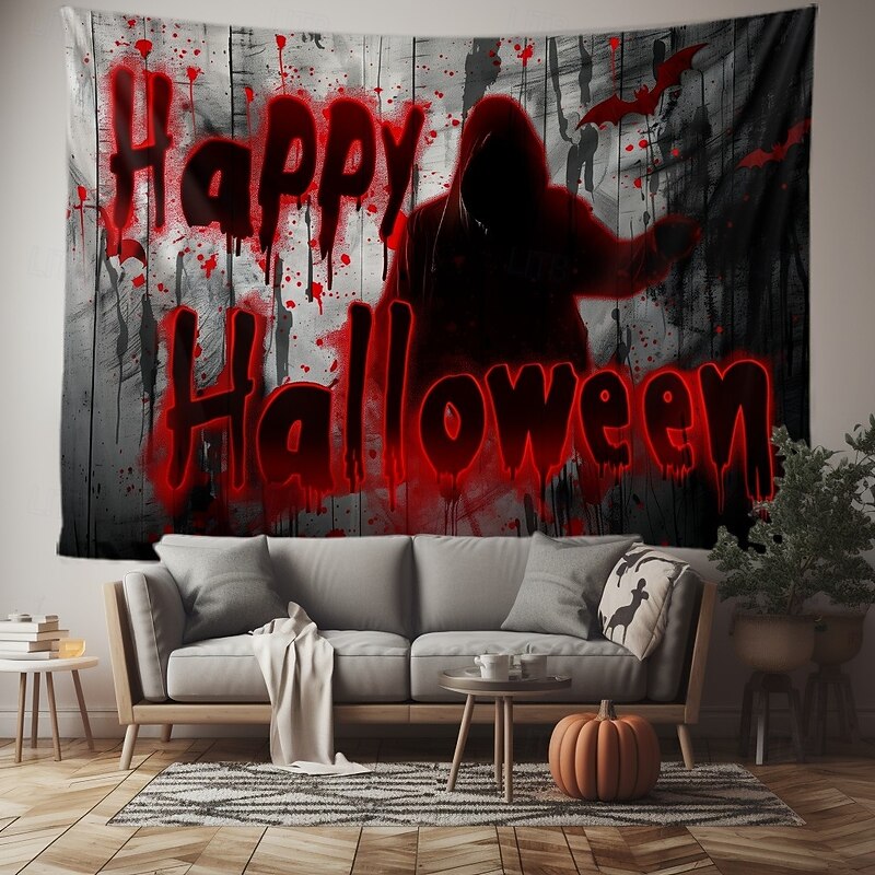 Halloween Horror Wall Tapestry – Shadow Figure with 'Happy Halloween' Blood Red Lettering, Creepy Path Scene, Gothic Backdrop for 2025 Halloween Living Room, Bedroom, Haunted House Decoration4