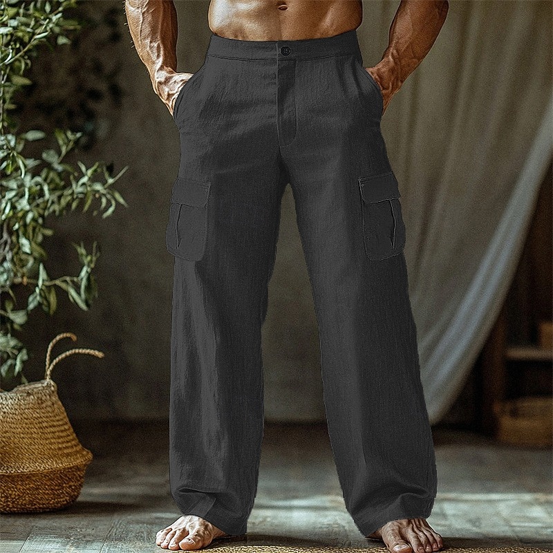 Men's Linen Pants Trousers Summer Pants Beach Pants Straight Leg Flap Pocket Plain Comfort Breathable Vacation Daily Holiday Hawaiian Boho Black White2