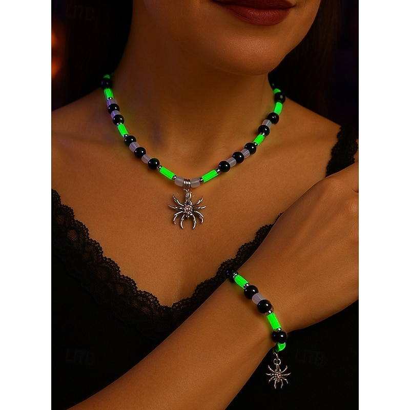 Women's Halloween Glow-in-the-Dark Spider Necklace and Bracelet Set – Alloy and Resin Beaded Jewelry for Party, Cosplay and Costume Accessories - Main Image