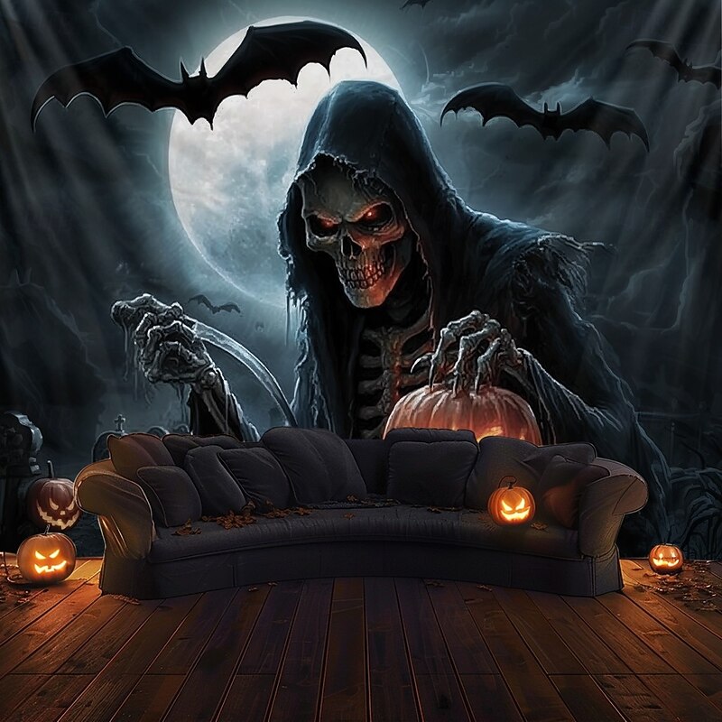 Halloween Grim Reaper Tapestry – Scary Skeleton with Jack-O'-Lantern, Spooky Graveyard Full Moon Wall Art Backdrop, Large Hanging Mural Blanket for 2025 Halloween decoration4